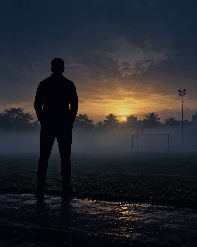 Silueta de una persona al borde de una cancha al amanecer